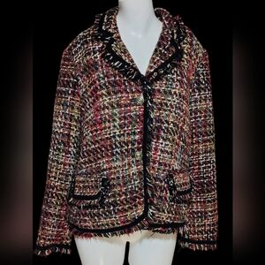 Sag Harbor Multicolor Tweed Fringe Blazer Jacket, Size 12
